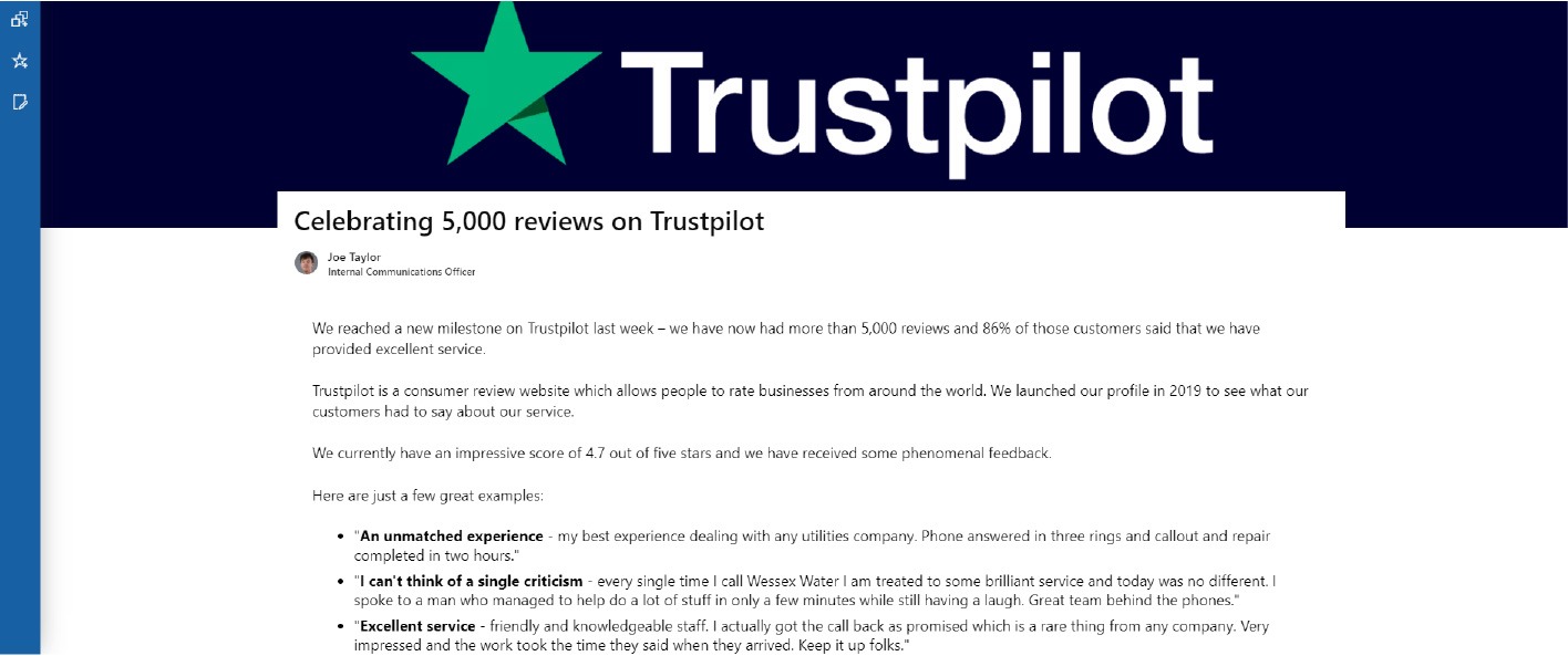 Wessex Water Trustpilot integration on the intranet screenshot