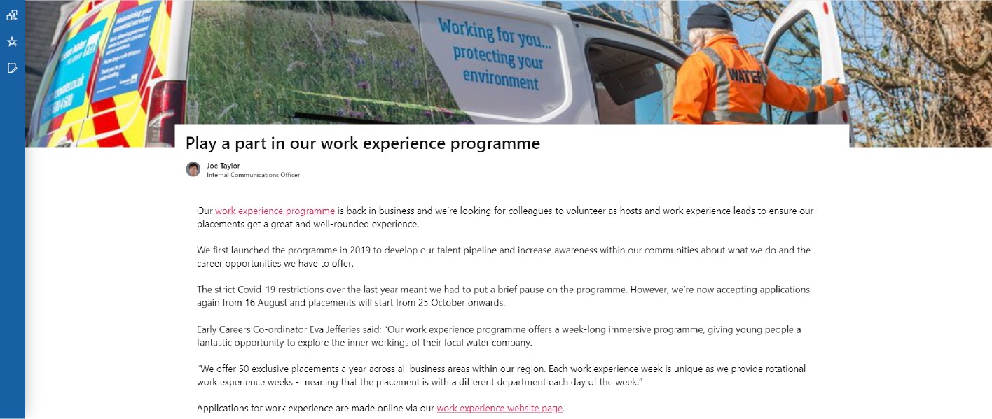 Wessex Water Apprenticeship programme intranet screenshot