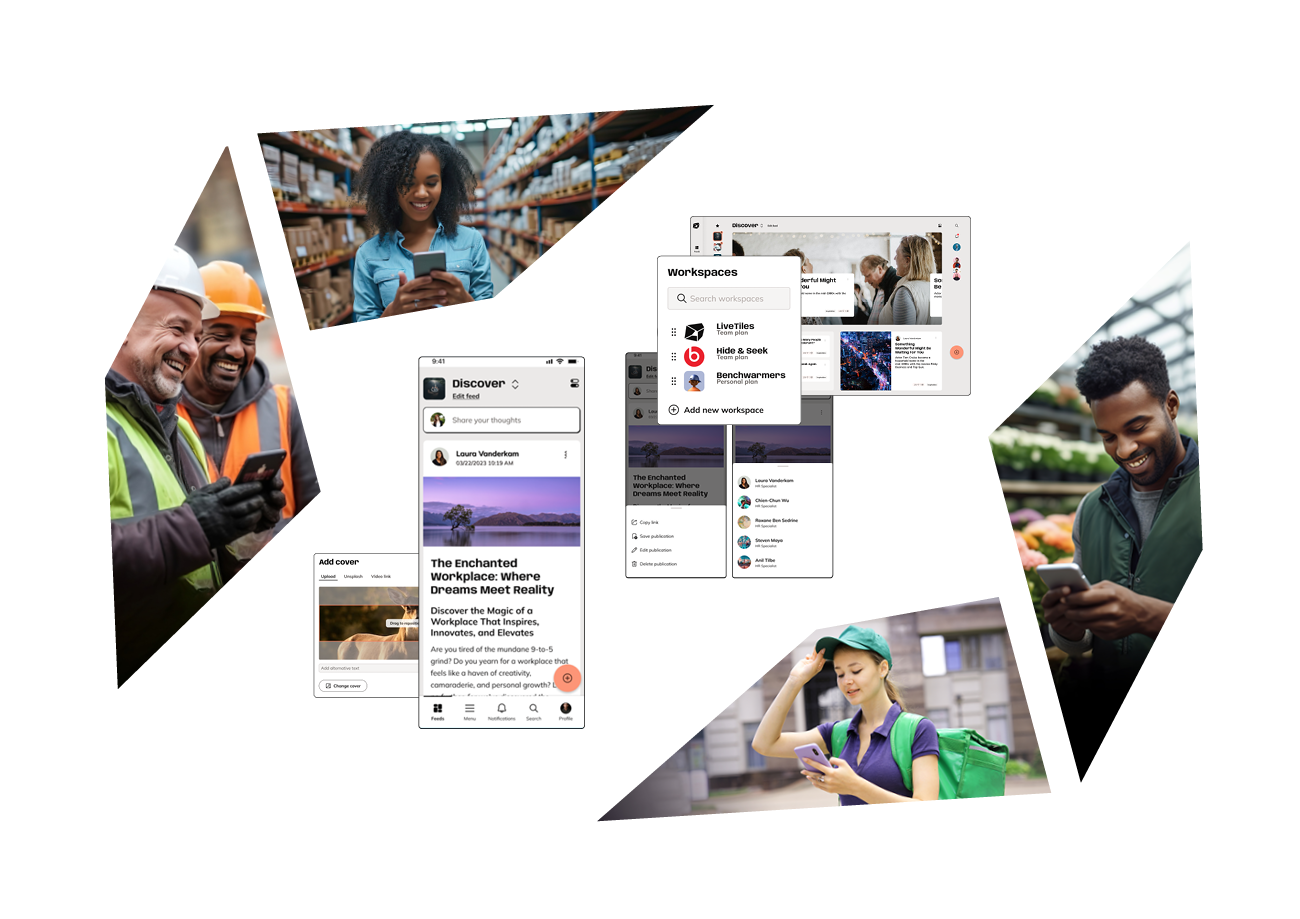 A collage of images portraying how Employee App LiveTiles Reach works for frontline organisations